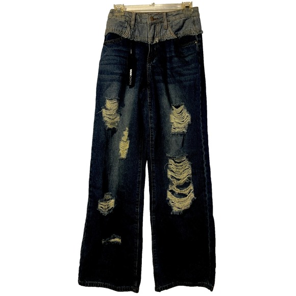 Fashion Nova Denim - Fashion Nova Two Tone Double Waistband Distressed Wide Leg Jeans Medium Wash 3